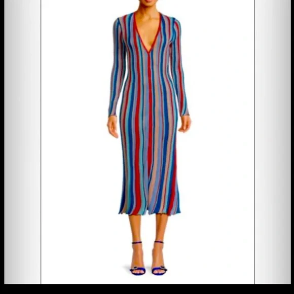 ๐ NWT Misa Los Angeles Rafael Striped, Metallic Long Sleeve Midi Dress. Medium. - Picture 1 of 7